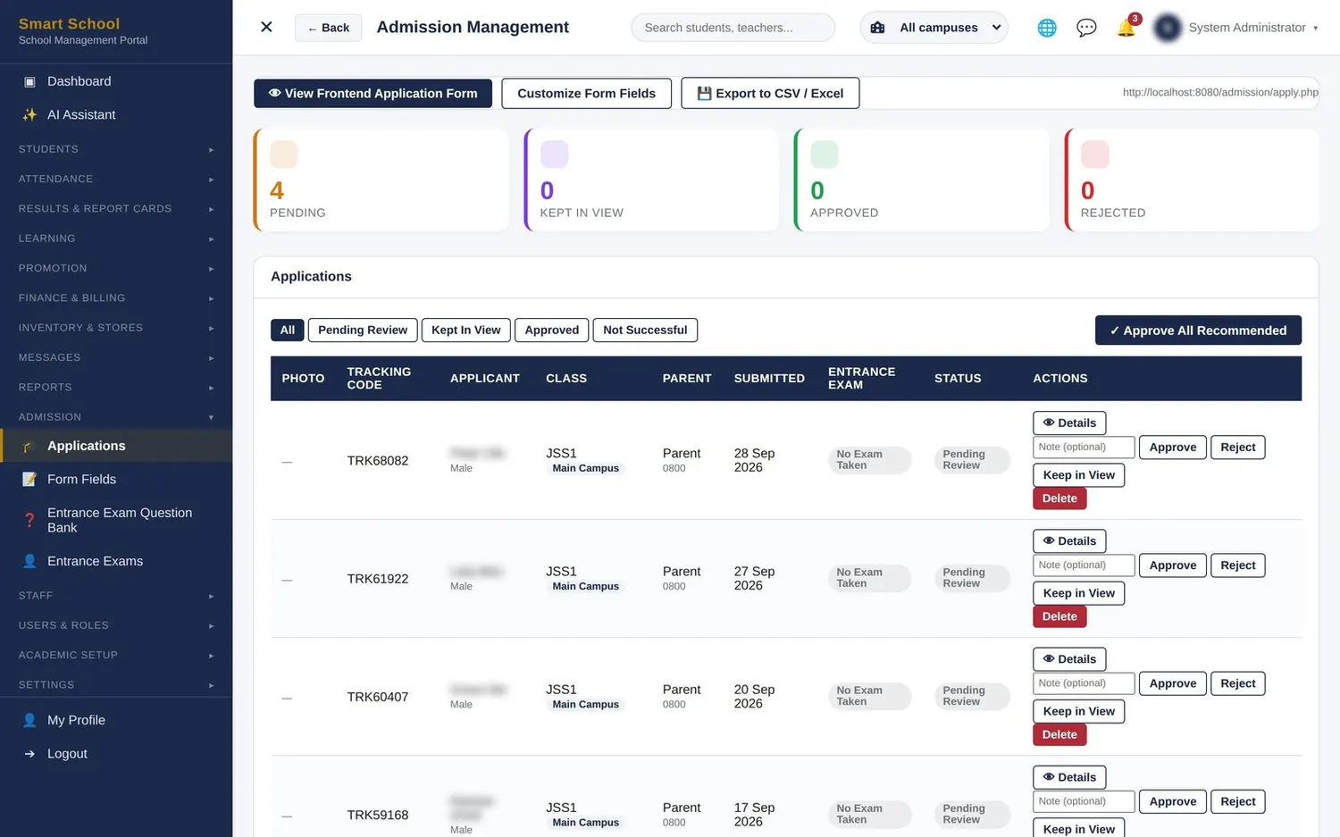 Admissions & student records screen