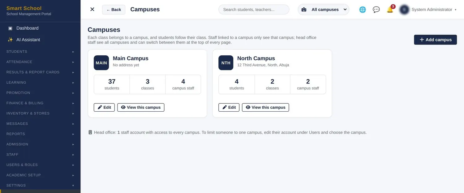 Multi-campus, inventory & stores screen