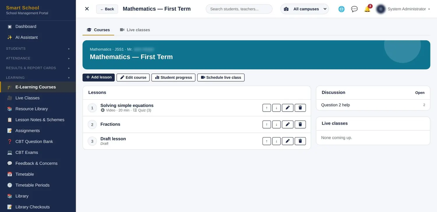 E-learning & live classes screen