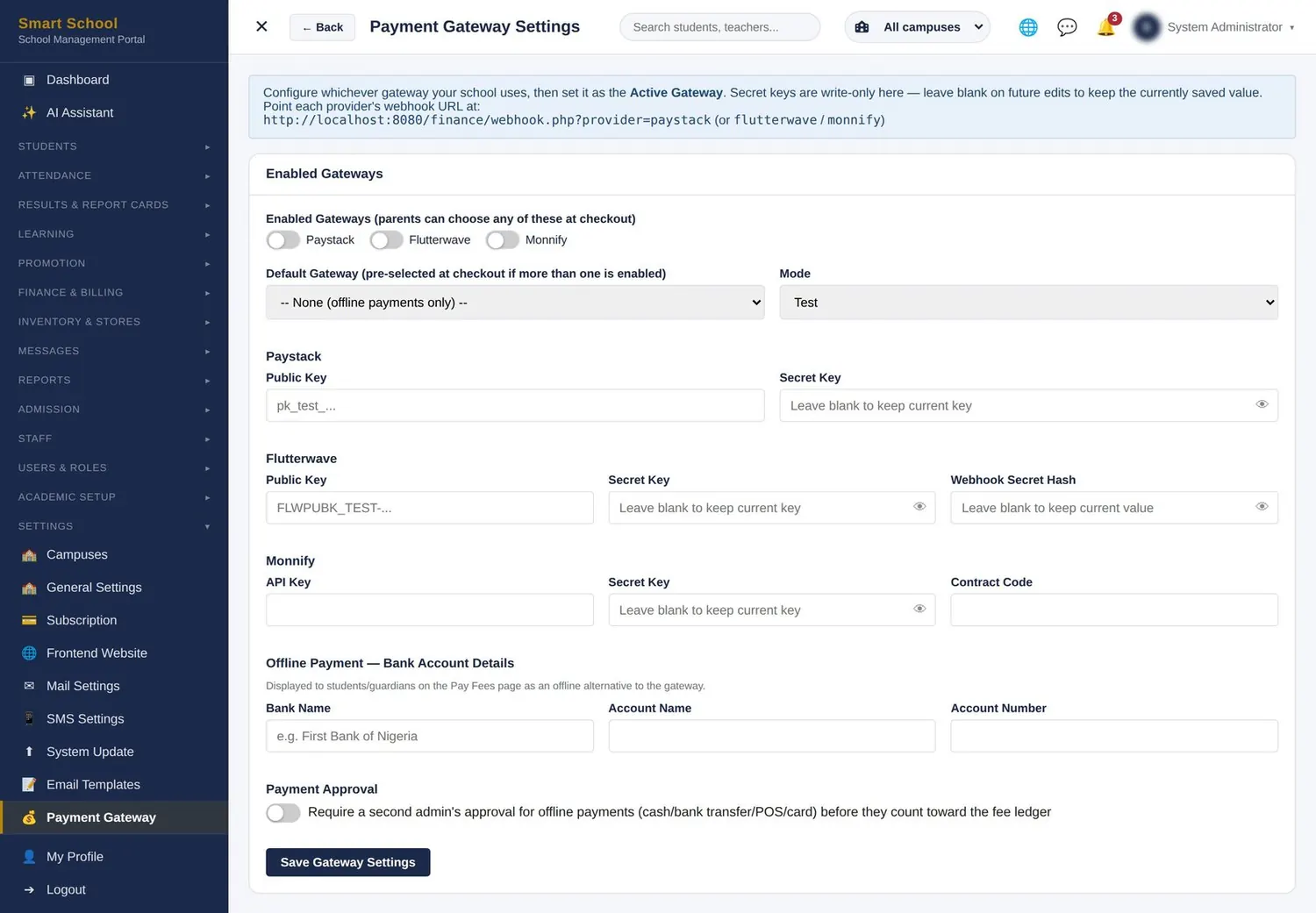 Online payments & receipts screen