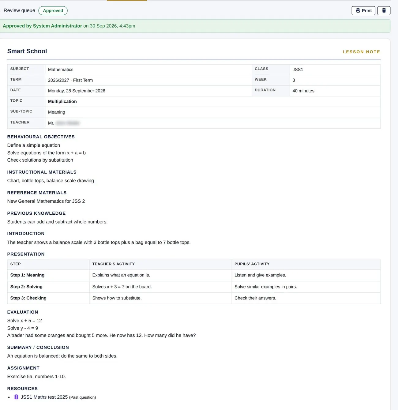 Lesson notes & schemes of work screen