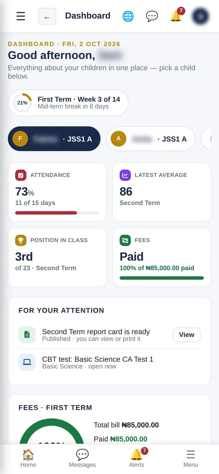 Parent dashboard on a phone